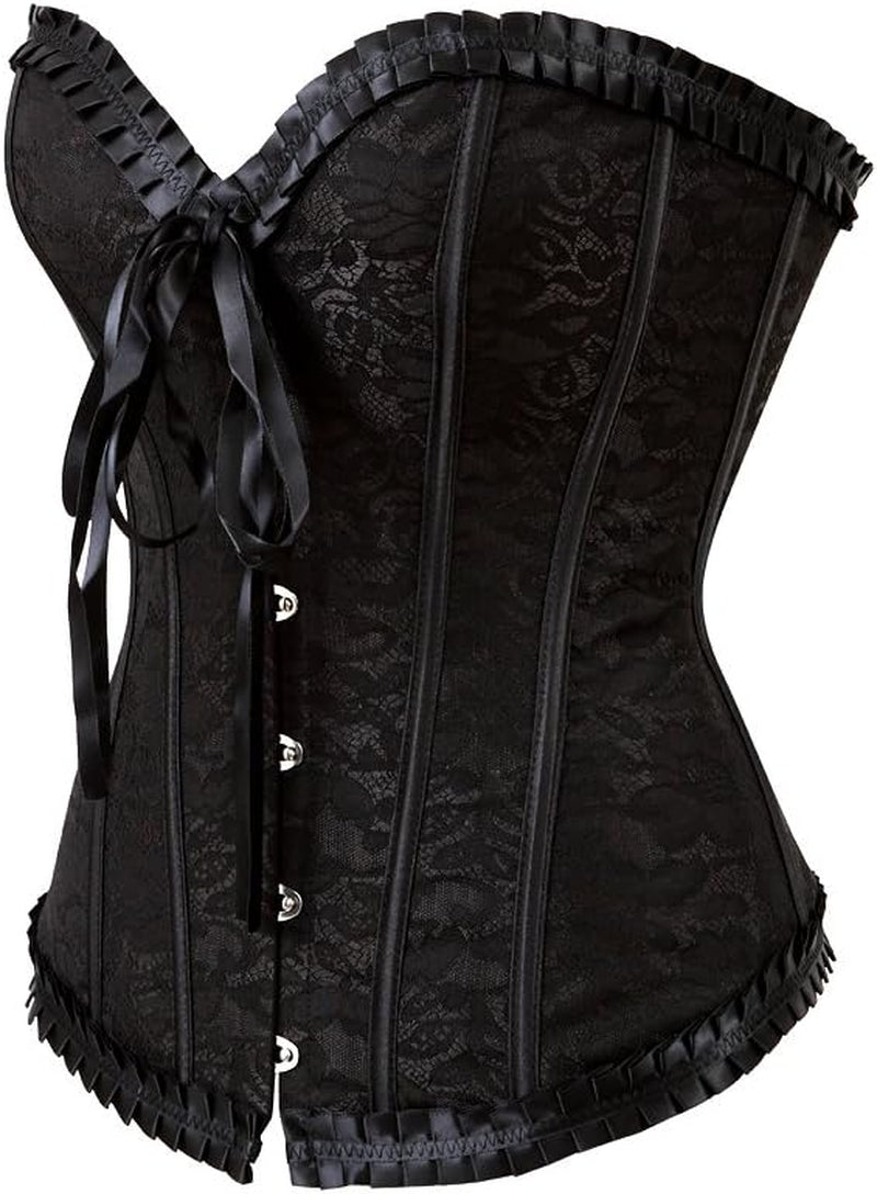 Womens Corsets Floral with Black Lace Trim Corset Satin Overbust Waist Cincher Bustier