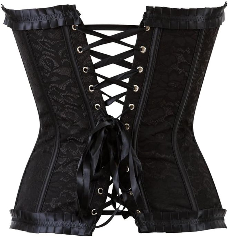 Womens Corsets Floral with Black Lace Trim Corset Satin Overbust Waist Cincher Bustier