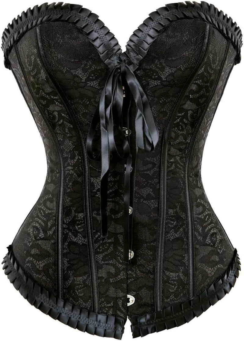 Womens Corsets Floral with Black Lace Trim Corset Satin Overbust Waist Cincher Bustier